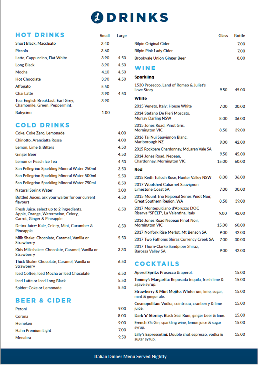 Menu, Lilly's Espresso and Cucina