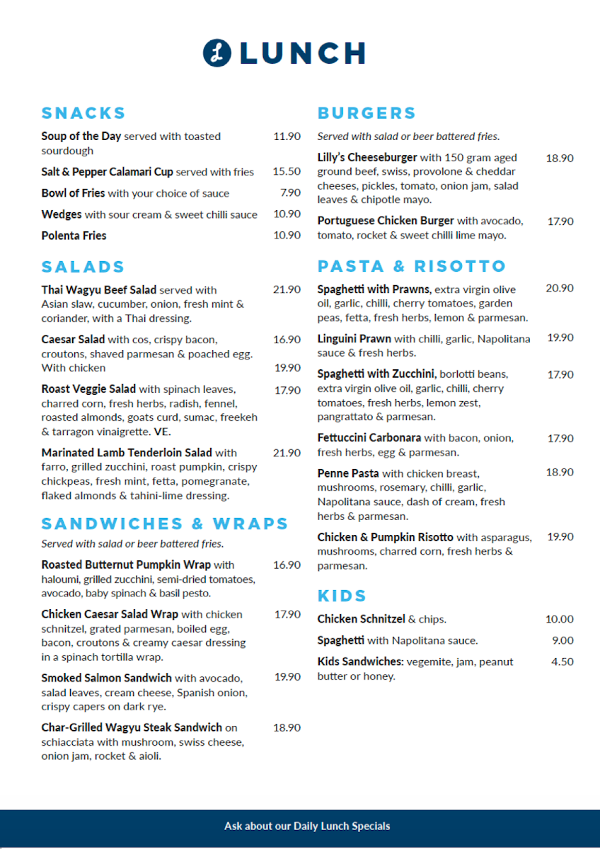 Menu, Lilly's Espresso and Cucina