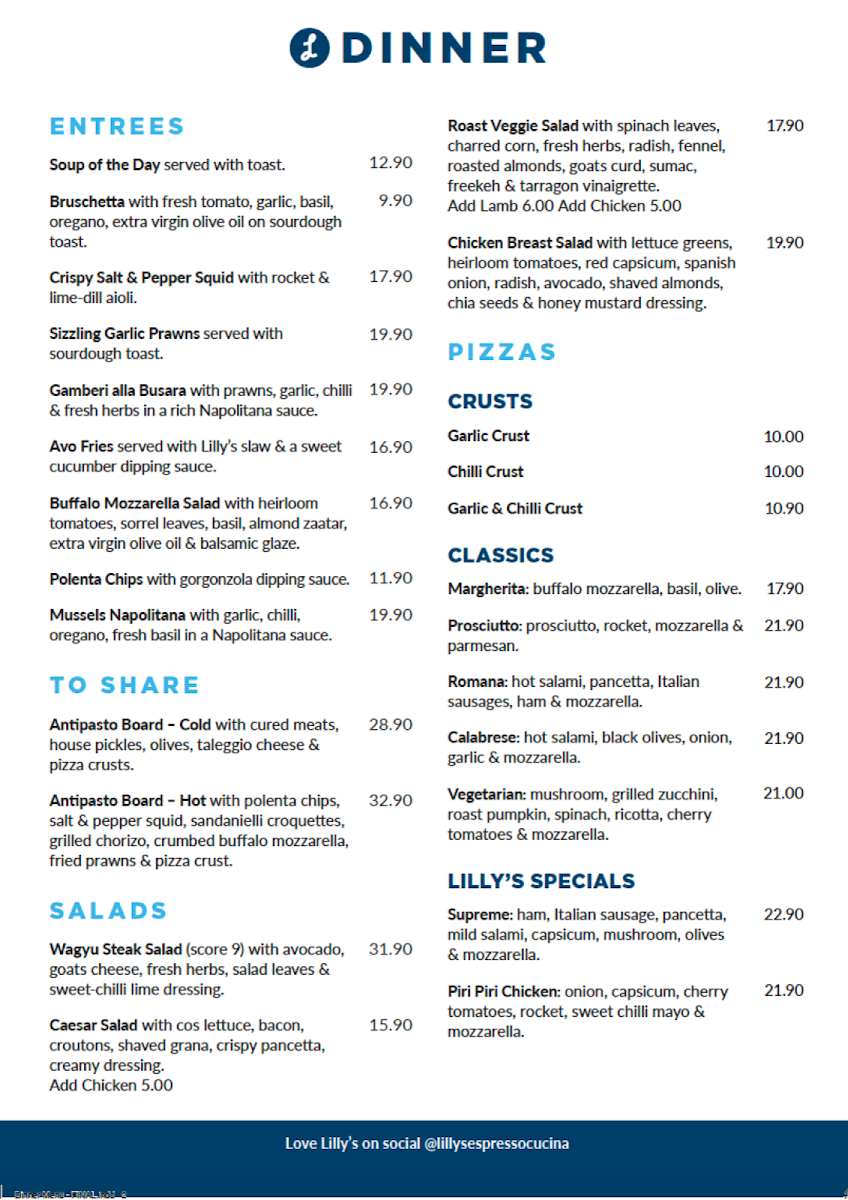 Menu, Lilly's Espresso and Cucina