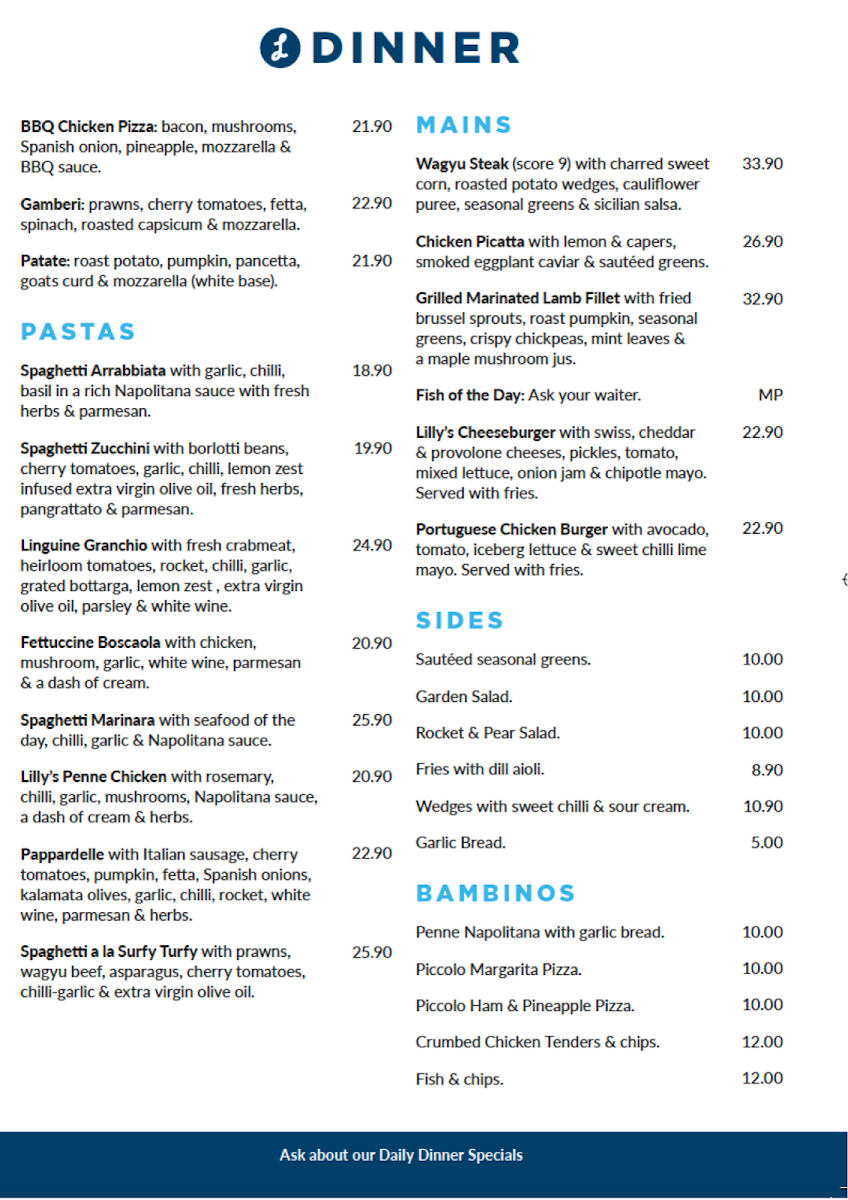 Menu, Lilly's Espresso and Cucina
