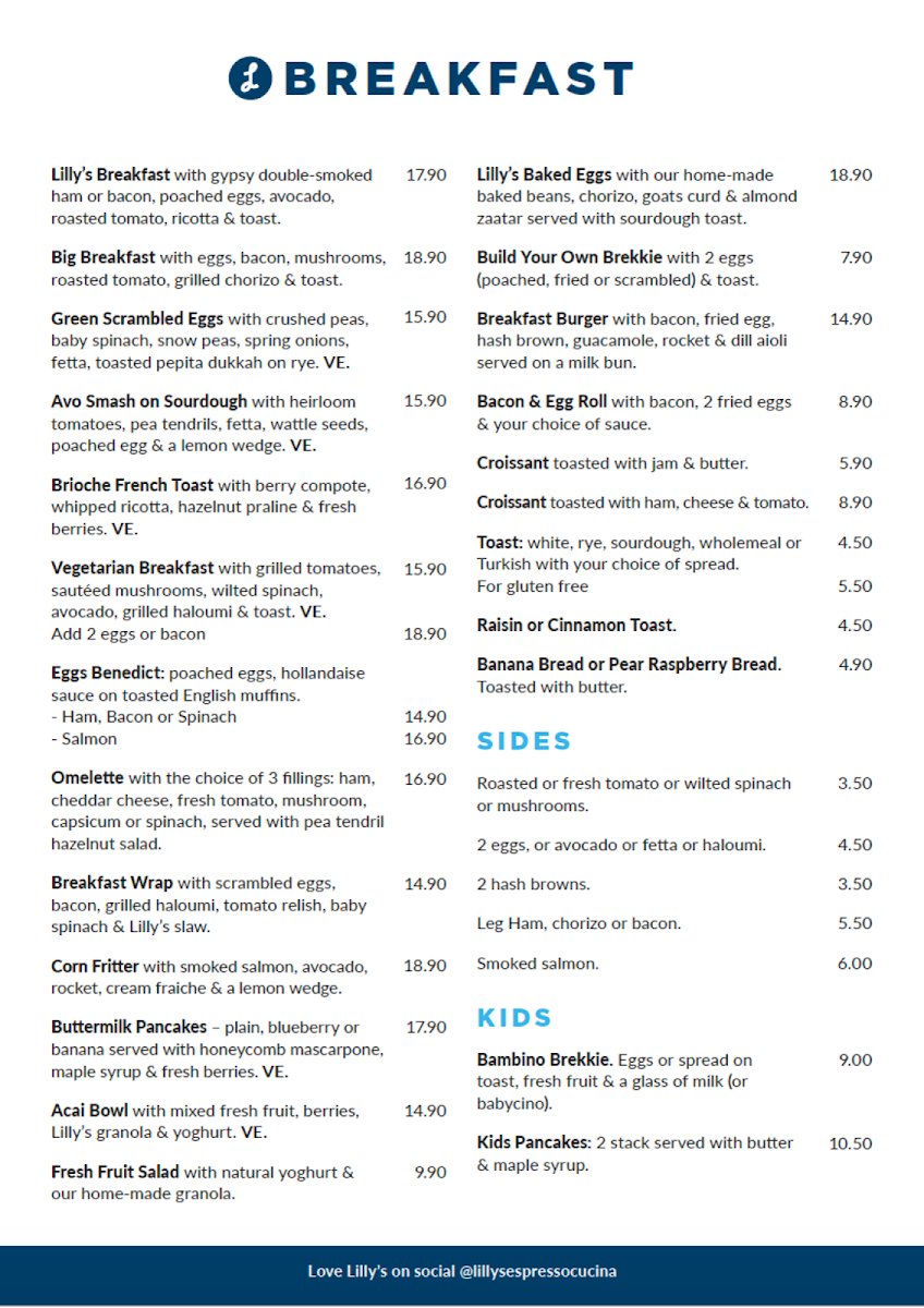 Menu, Lilly's Espresso and Cucina