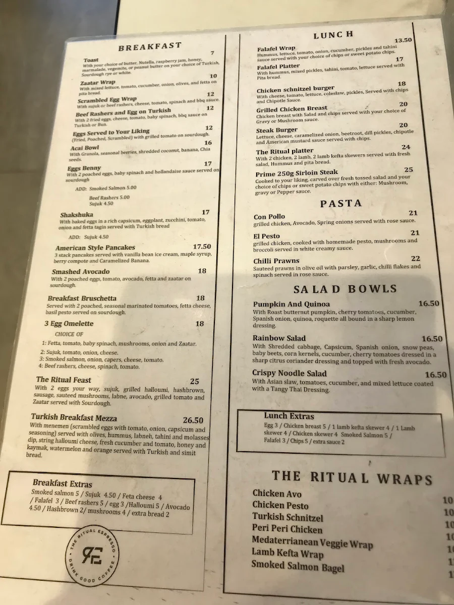 Menu, The Ritual Espresso Mount Druitt