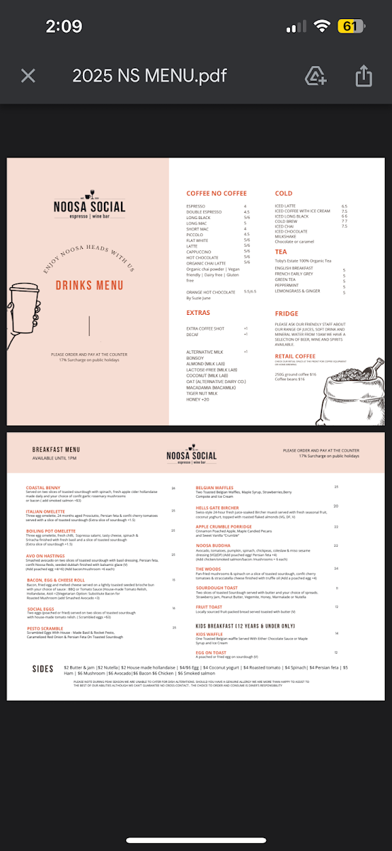 Menu, Noosa Social Espresso & Wine Bar