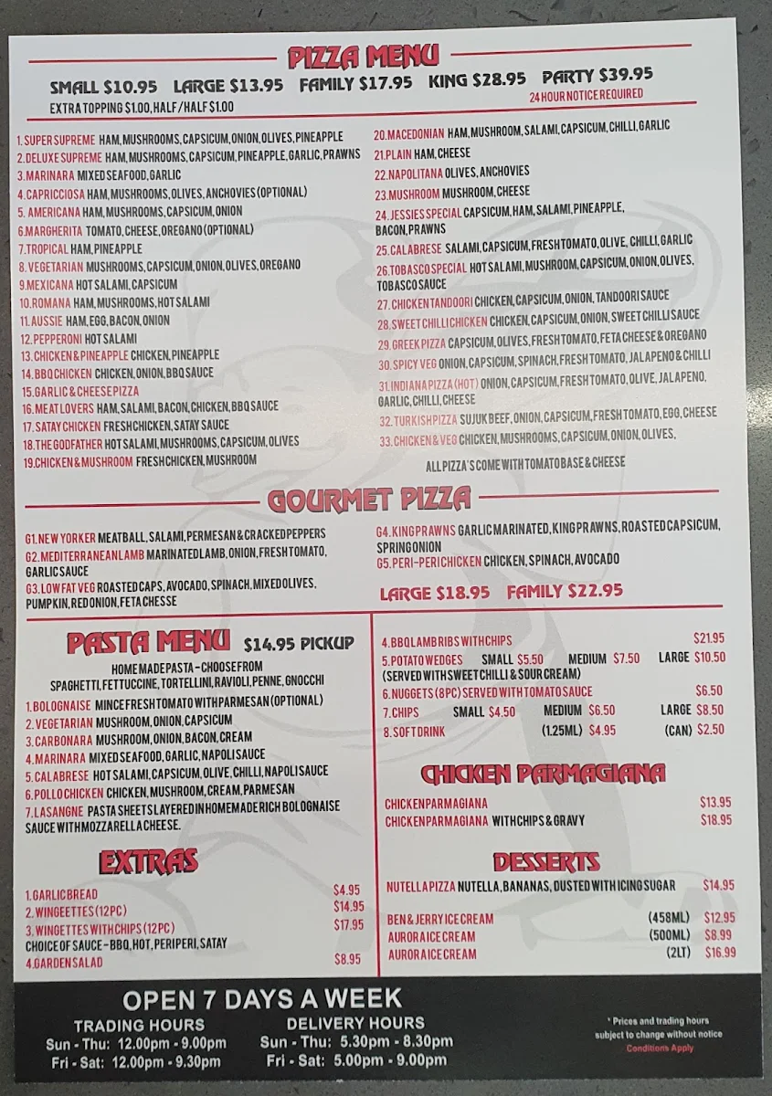 Menu, Jessie's Pizza & Pasta Mernda