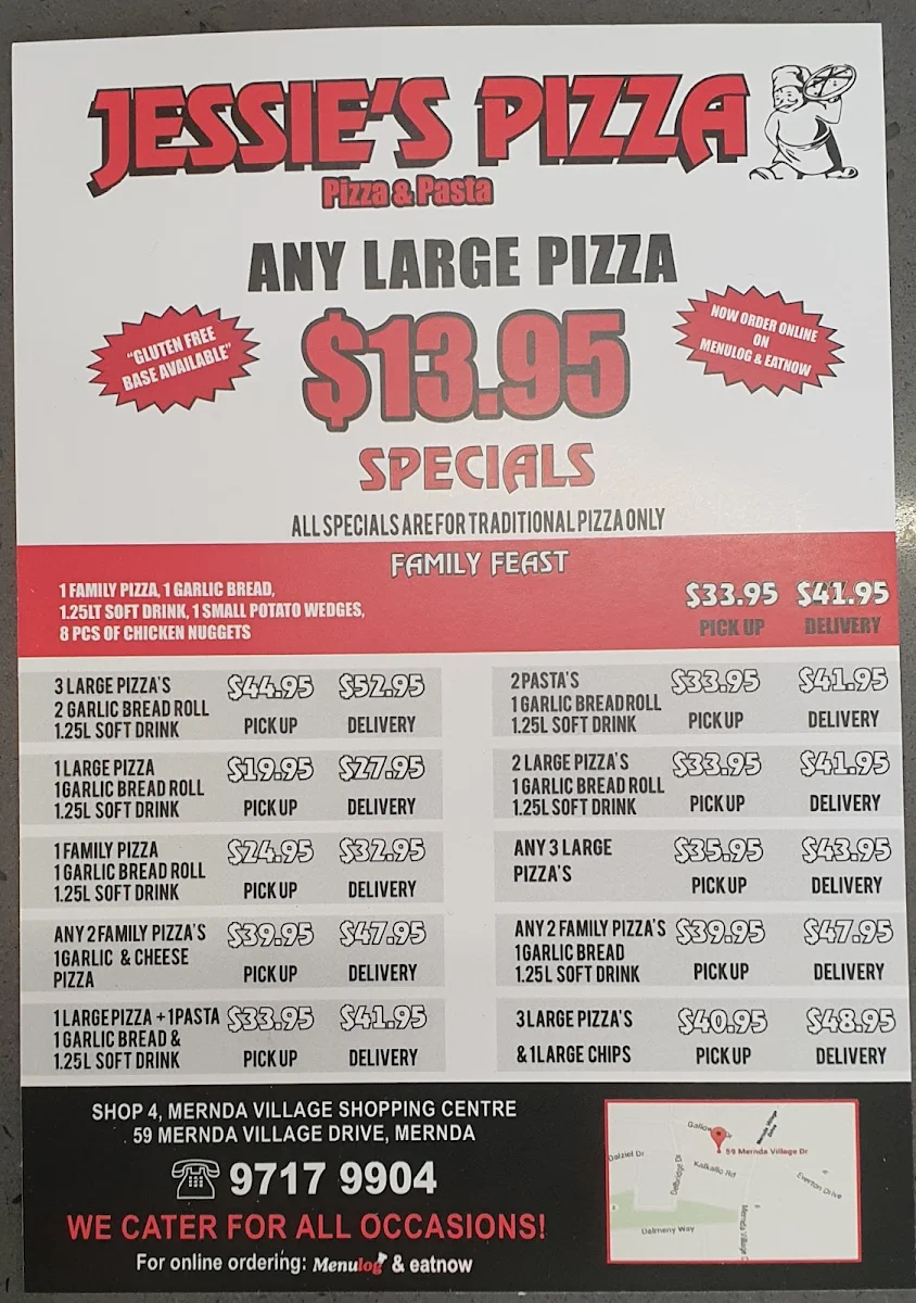 Menu, Jessie's Pizza & Pasta Mernda