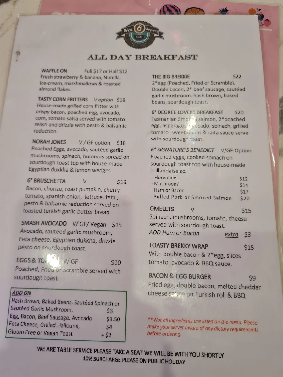 Menu, Six Degrees Cafe