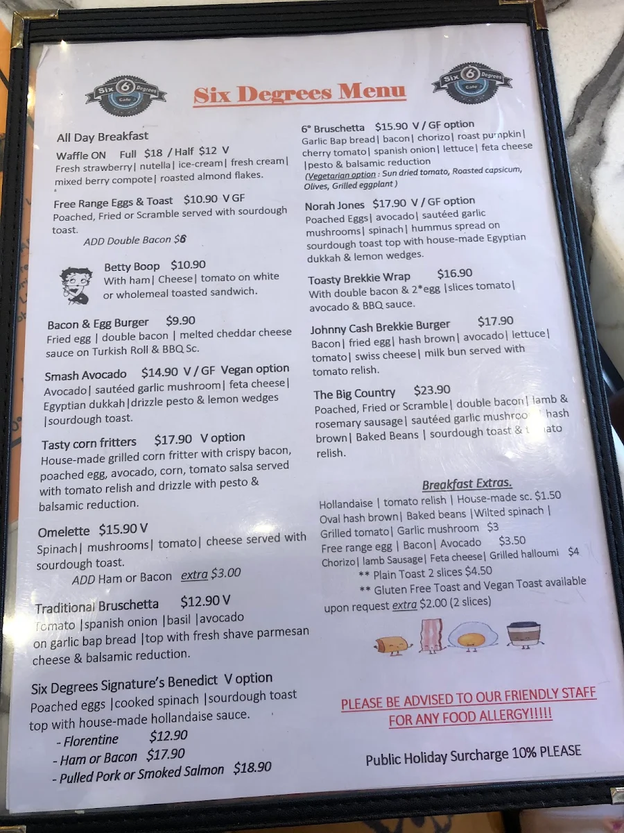 Menu, Six Degrees Cafe