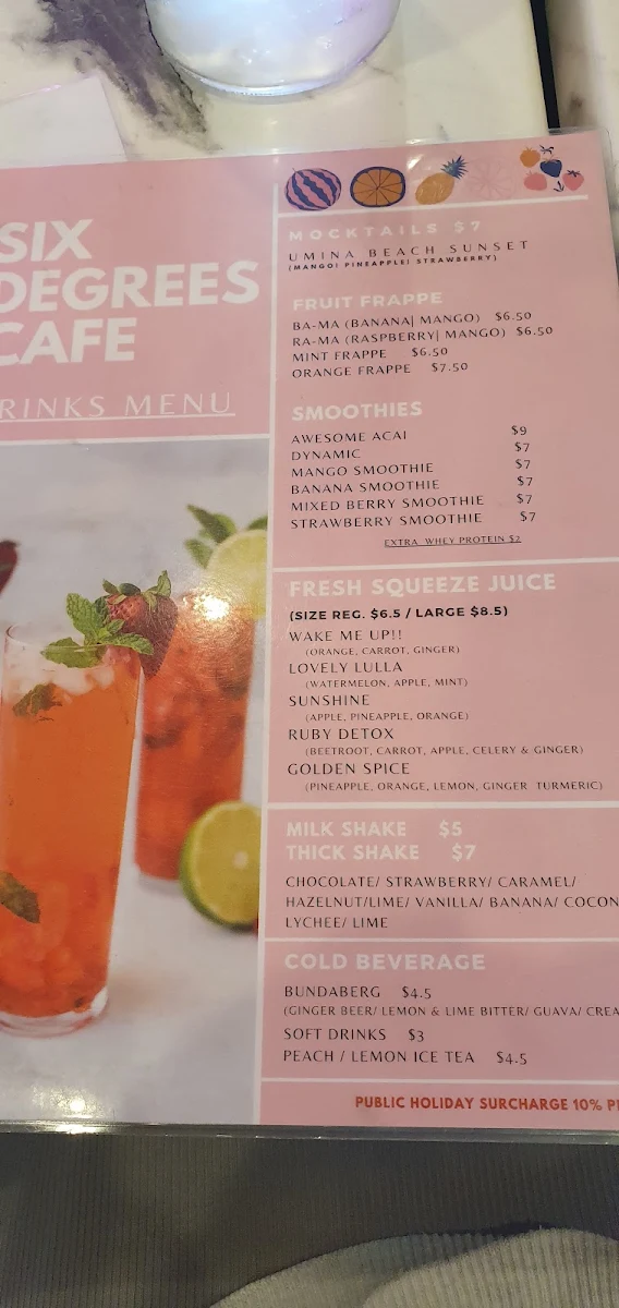 Menu, Six Degrees Cafe
