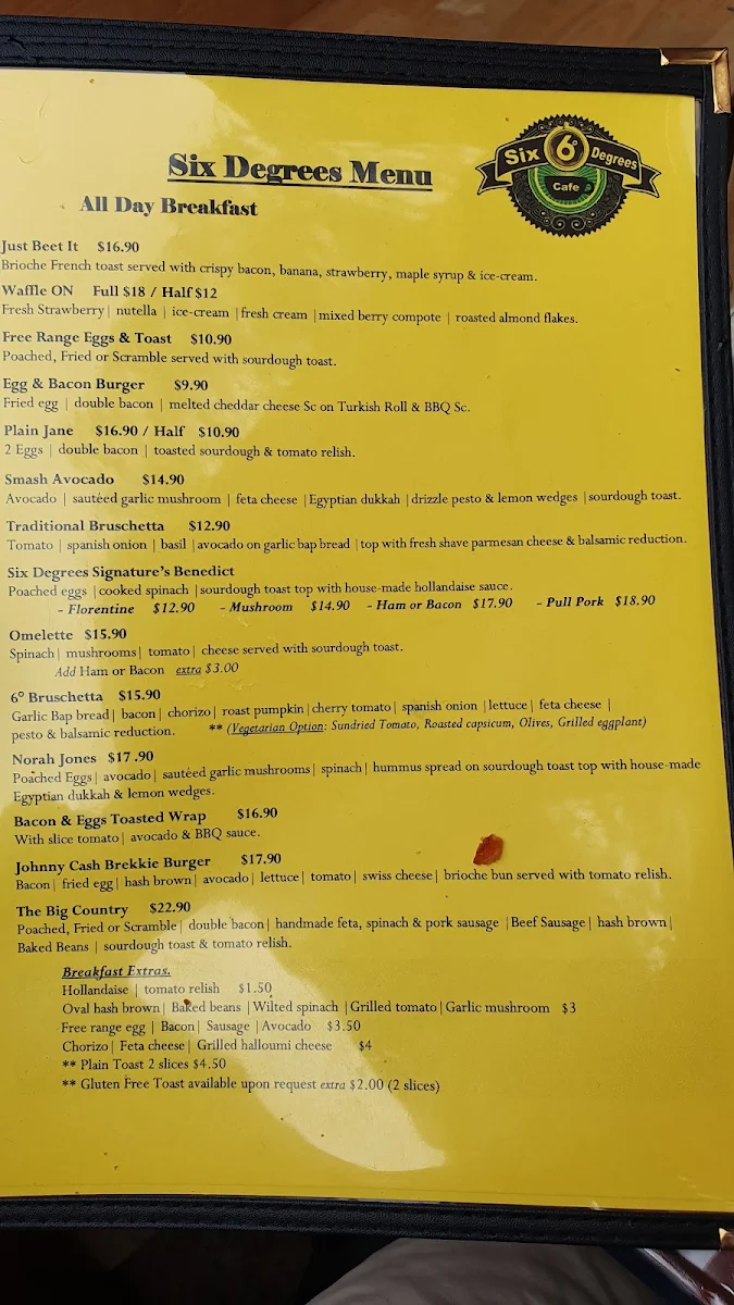 Menu, Six Degrees Cafe