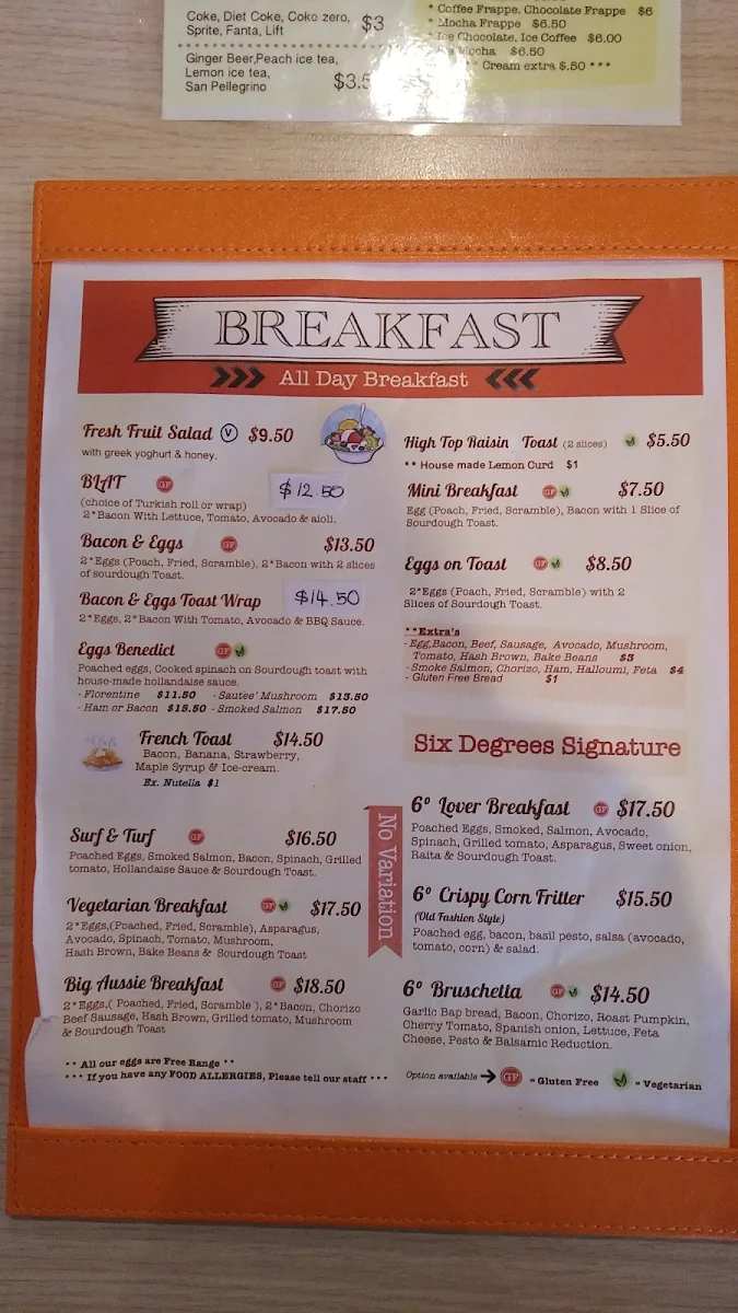 Menu, Six Degrees Cafe