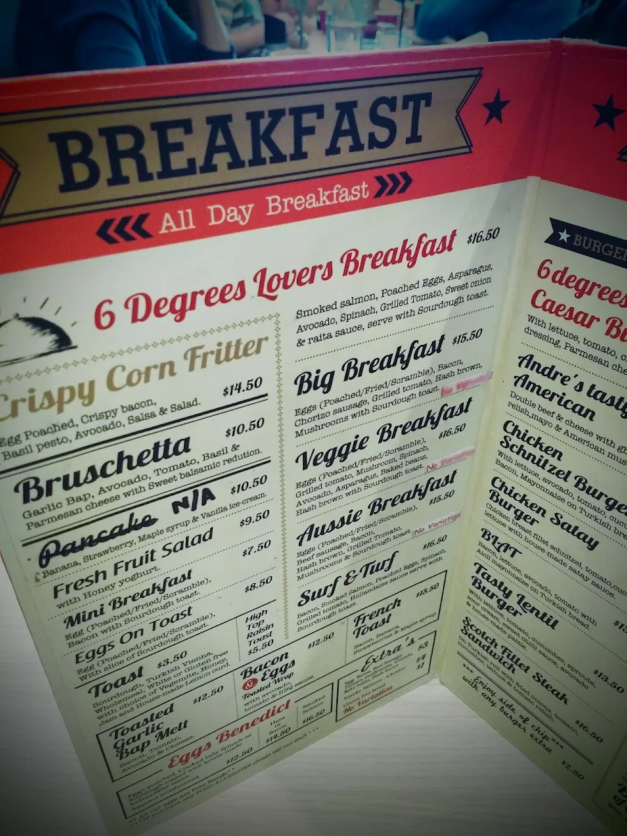 Menu, Six Degrees Cafe