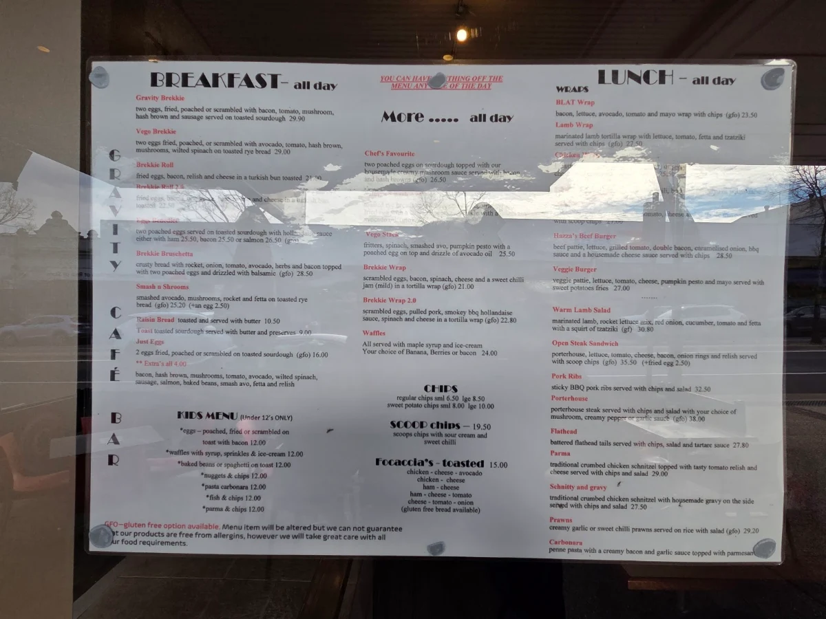 Menu, Gravity Cafe Bar