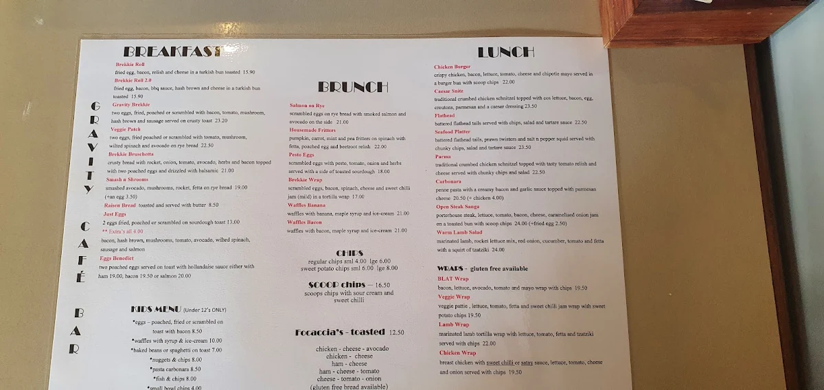 Menu, Gravity Cafe Bar