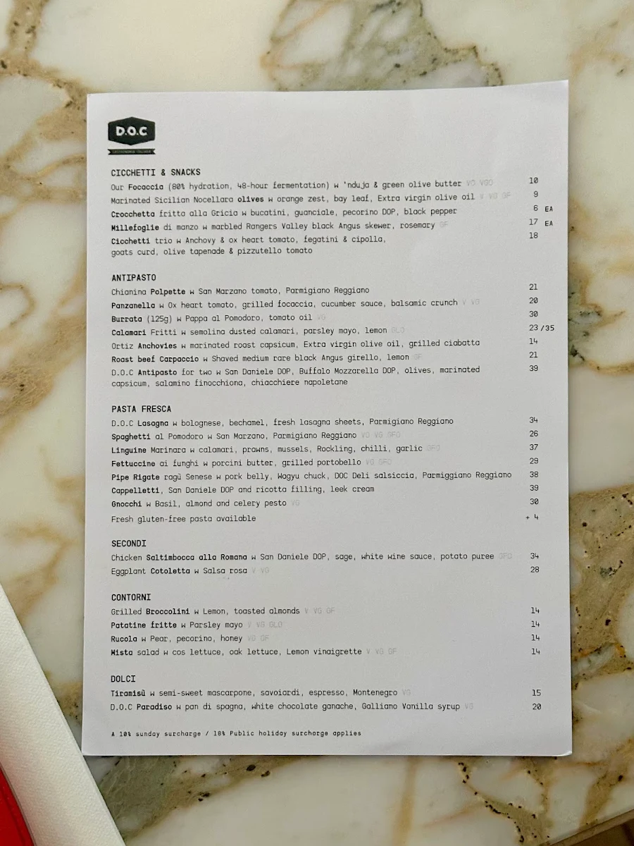 Menu, D.O.C Osteria, Carlton
