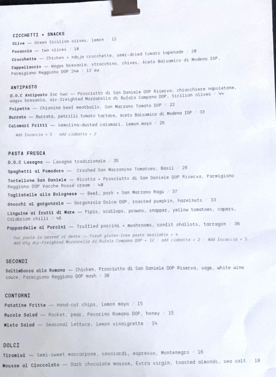 Menu, D.O.C Osteria, Carlton
