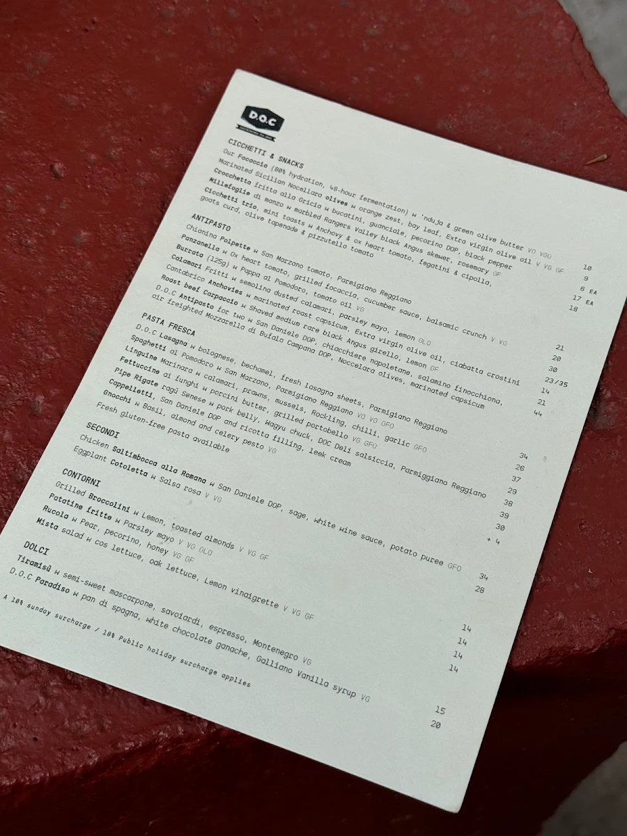 Menu, D.O.C Osteria, Carlton
