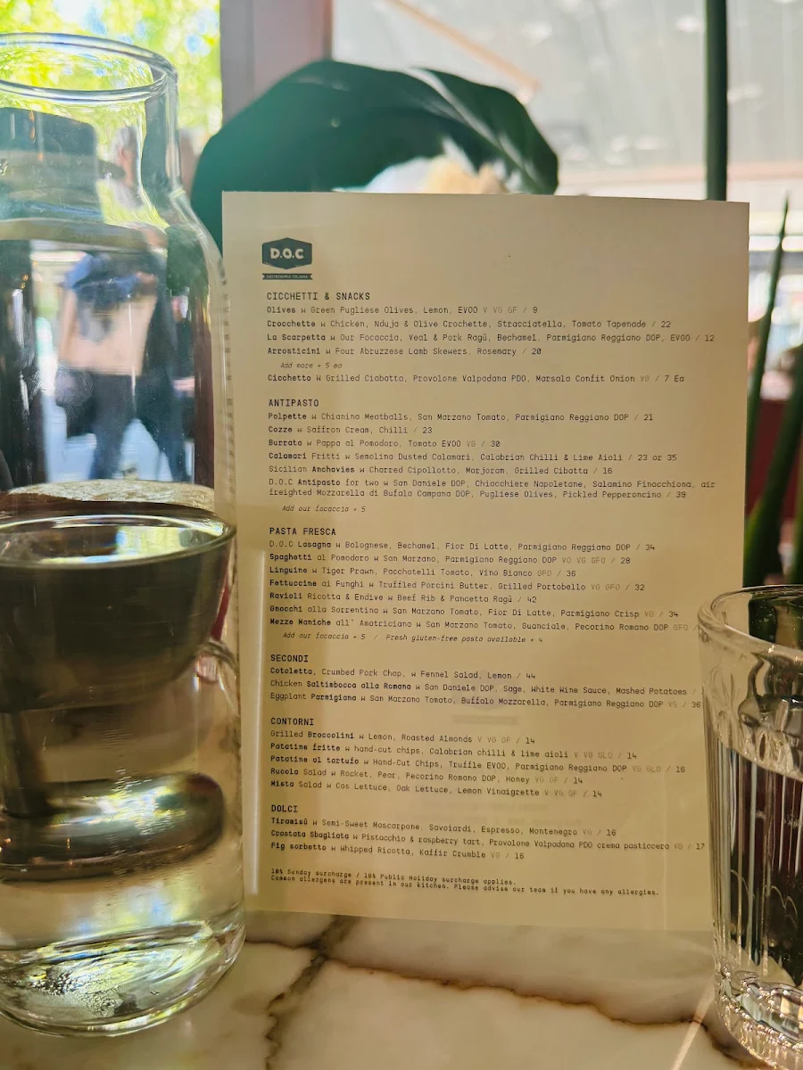 Menu, D.O.C Osteria, Carlton