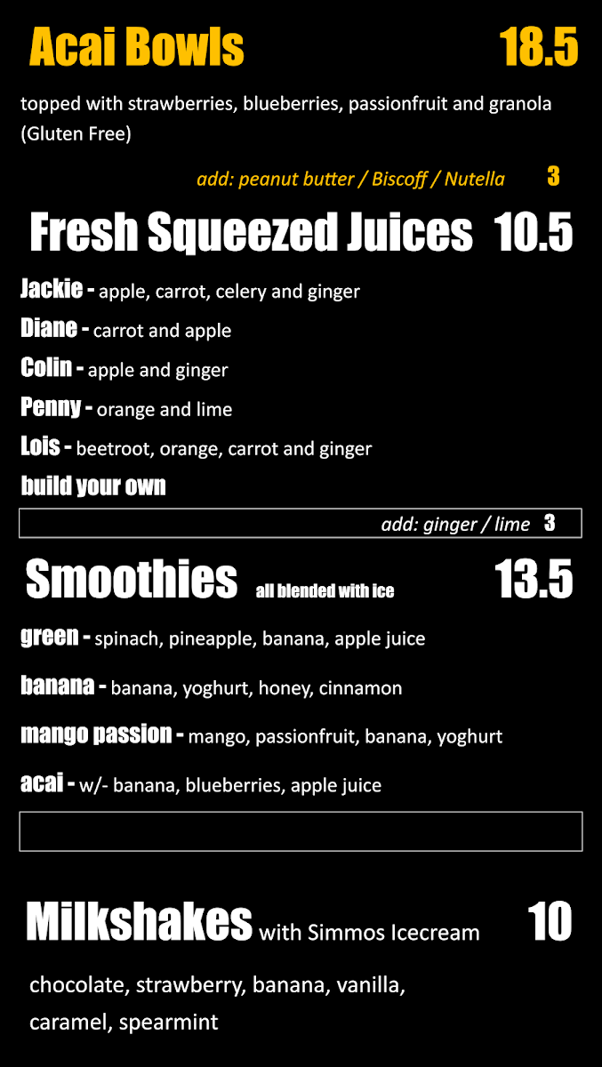 Menu, Lane Cafe Rottnest