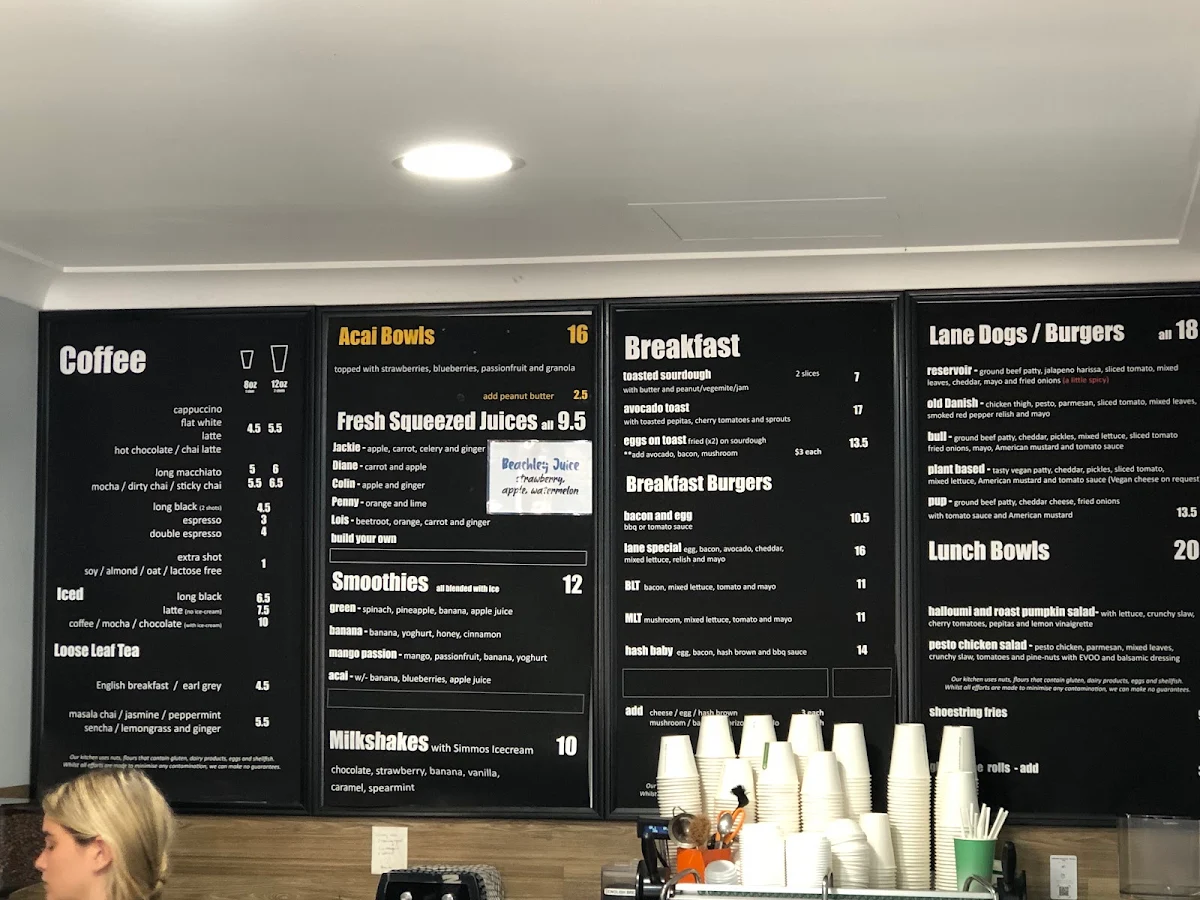 Menu, Lane Cafe Rottnest