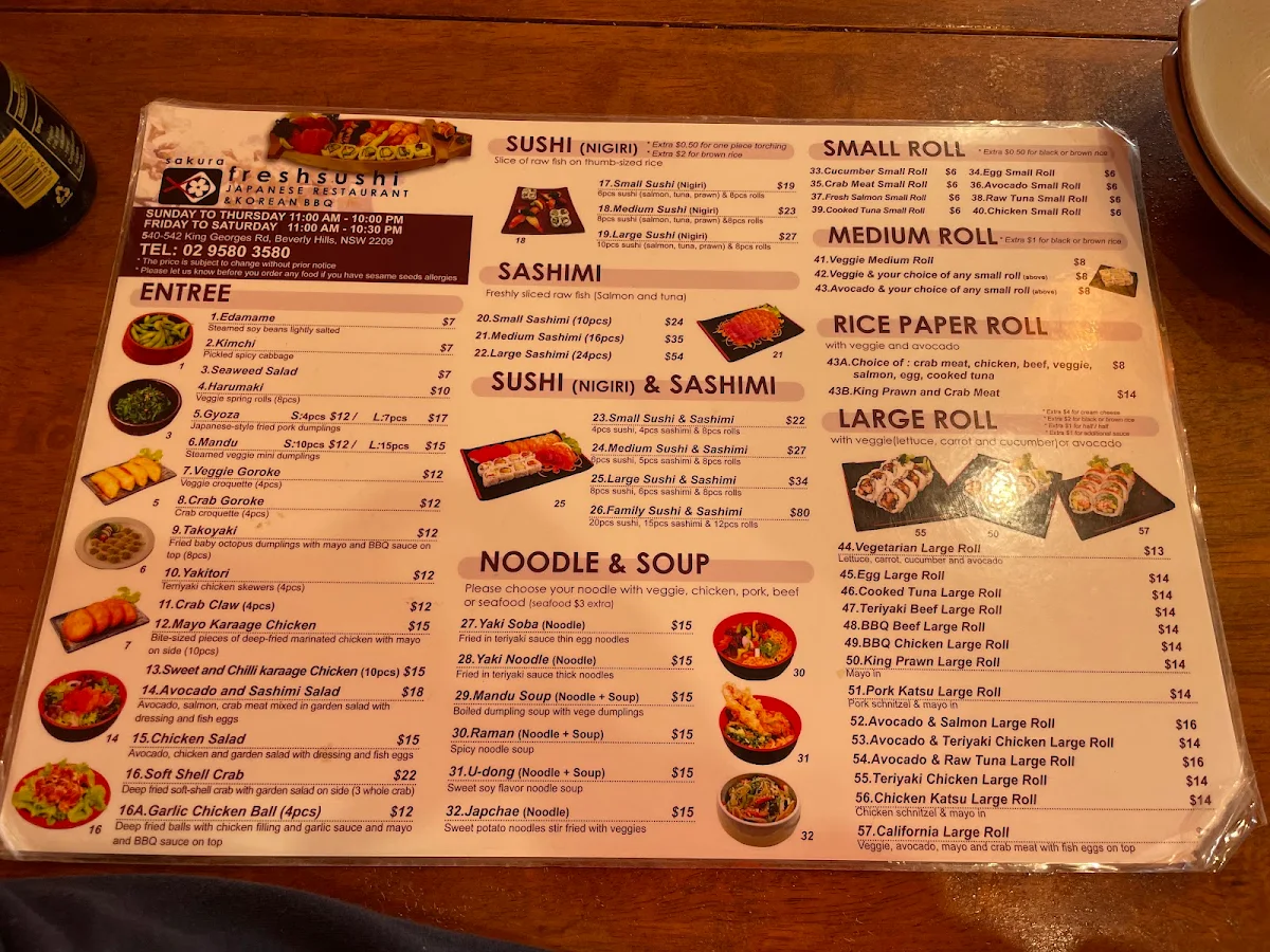 Menu, Minami Sushi