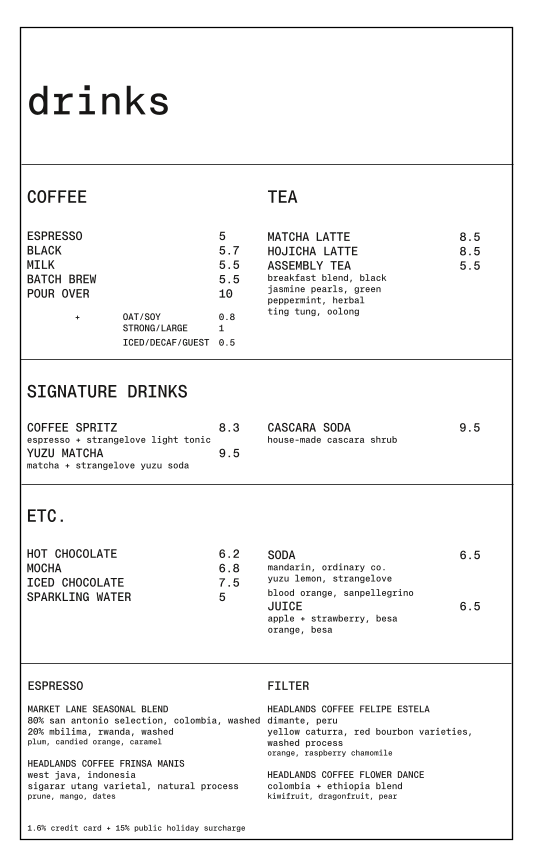 Menu, A PLACE coffee