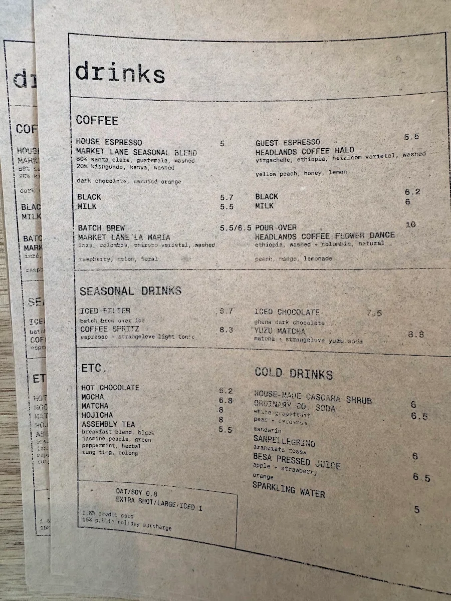 Menu, A PLACE coffee