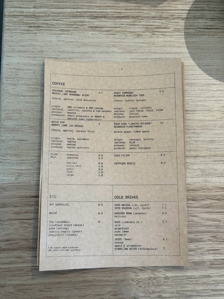 Menu, A PLACE coffee
