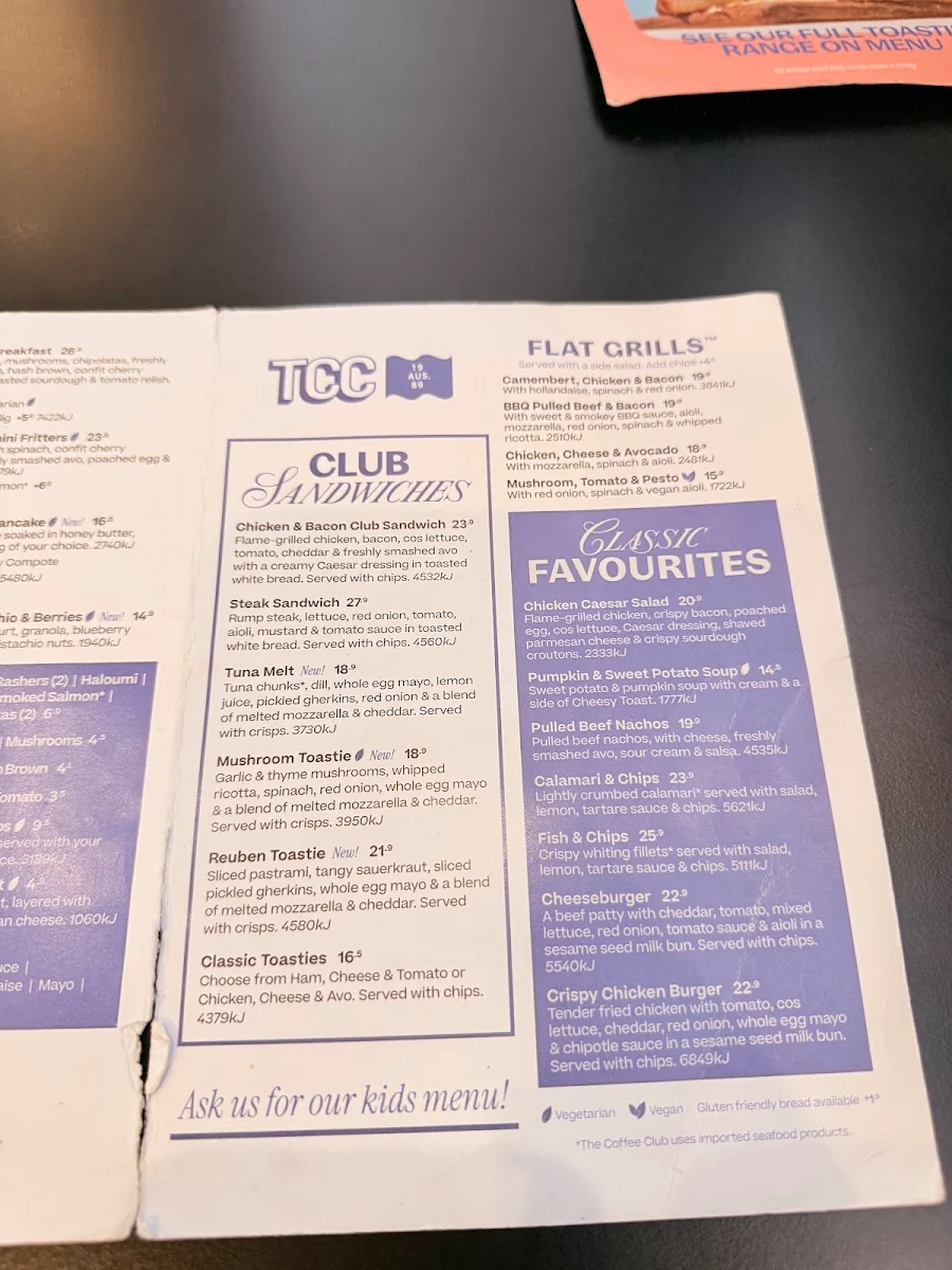 Menu, The Coffee Club Café
