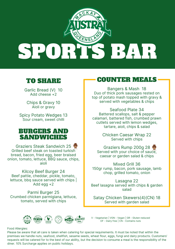 Menu, Austral Hotel