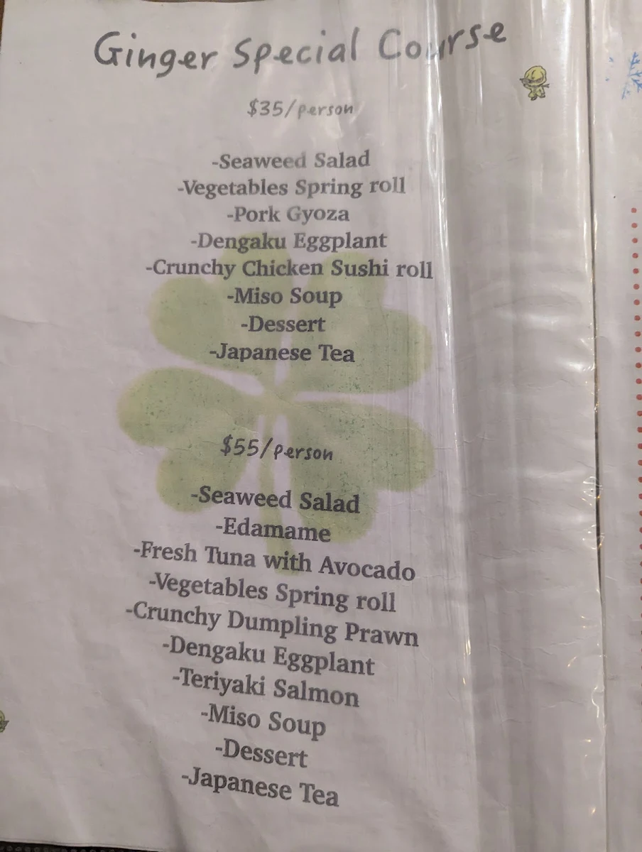 Menu, Ginger Japanese Restaurant