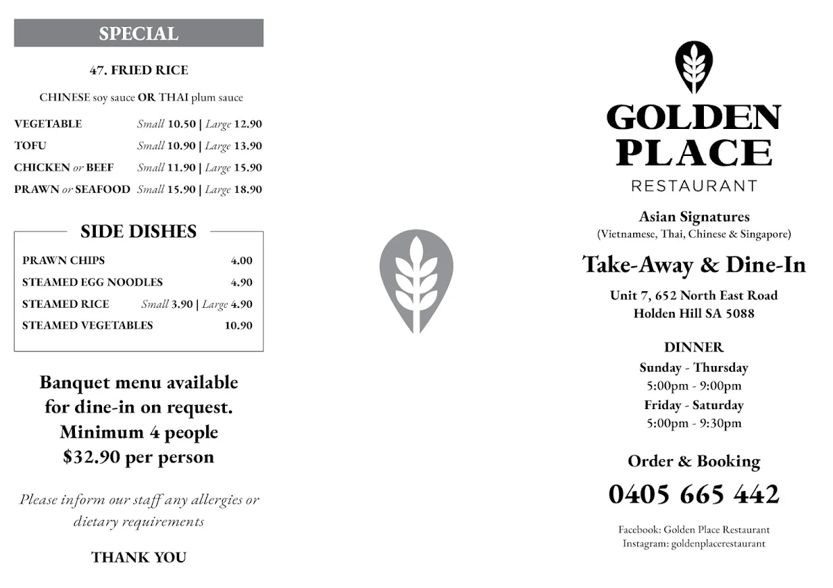 Menu, Golden Place Restaurant