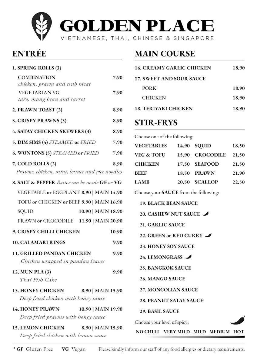 Menu, Golden Place Restaurant