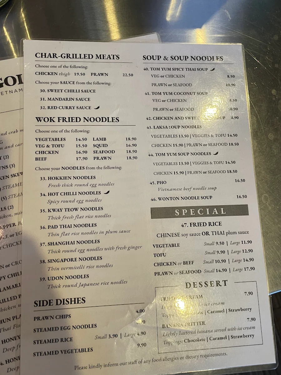 Menu, Golden Place Restaurant