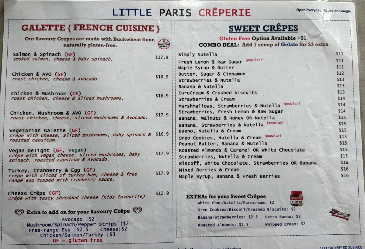 Menu, Little Paris Creperie