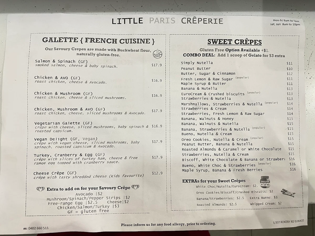 Menu, Little Paris Creperie
