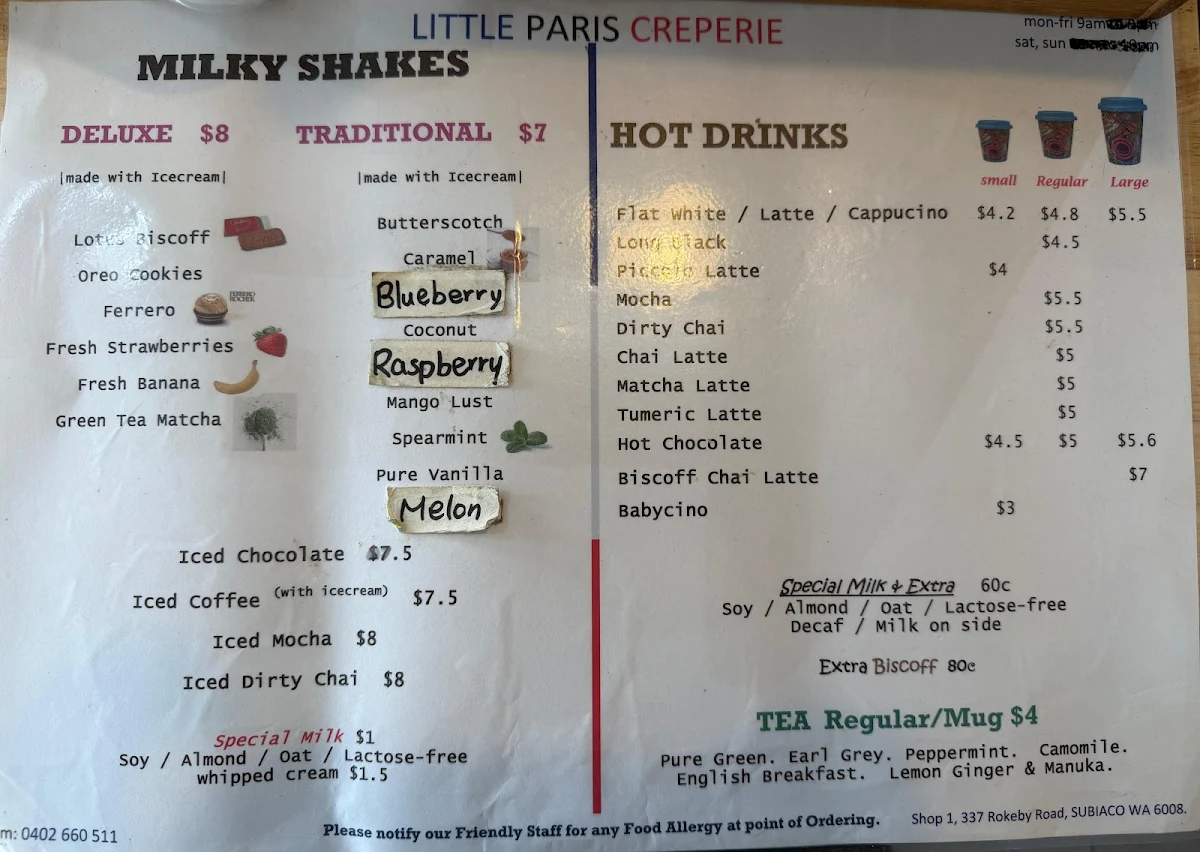 Menu, Little Paris Creperie