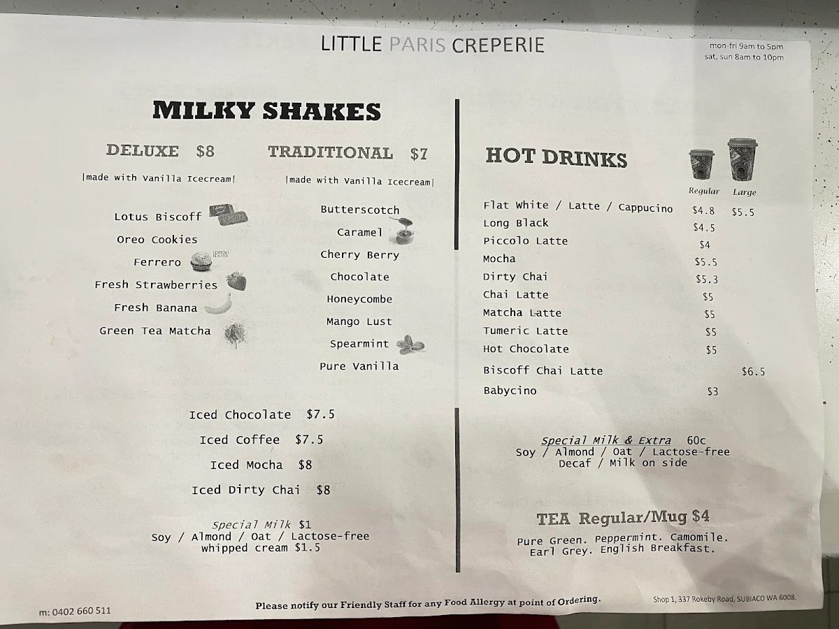 Menu, Little Paris Creperie