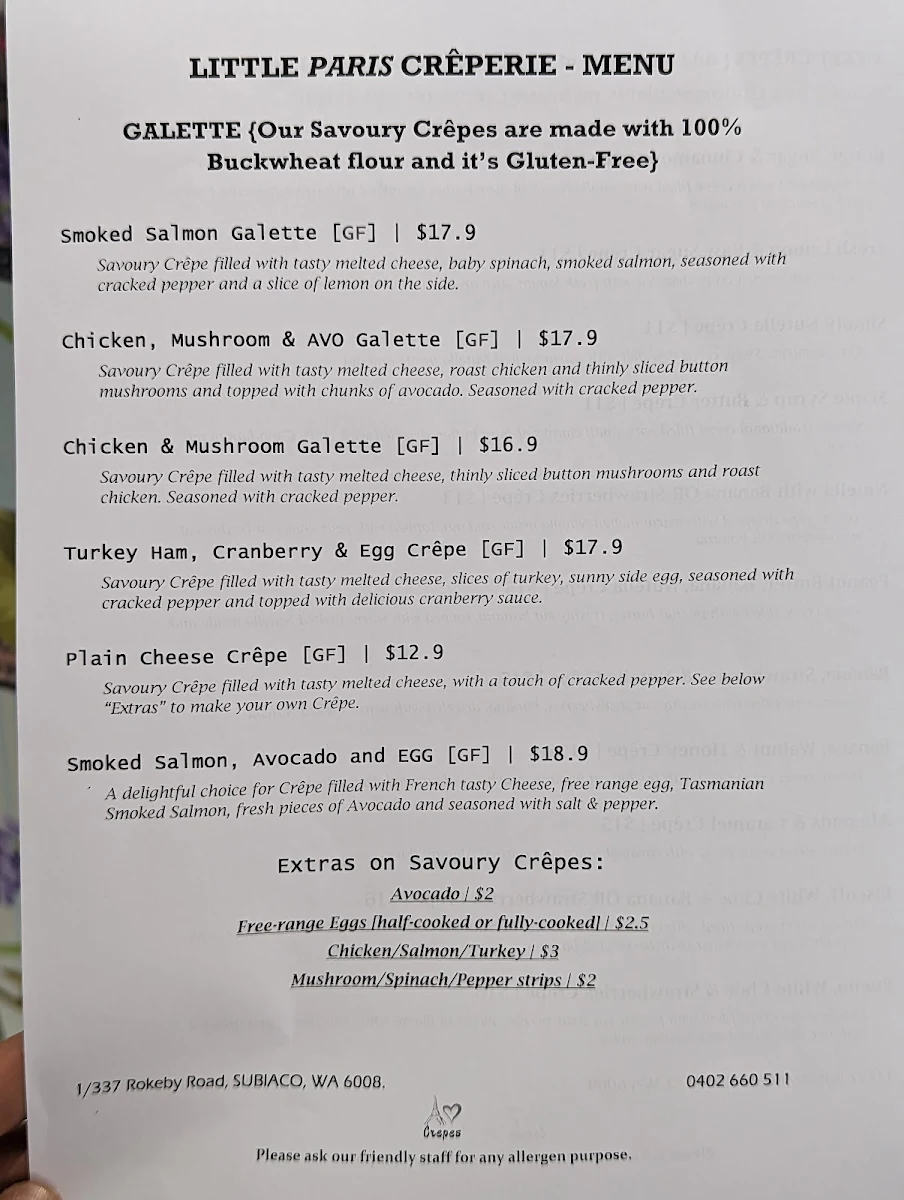Menu, Little Paris Creperie