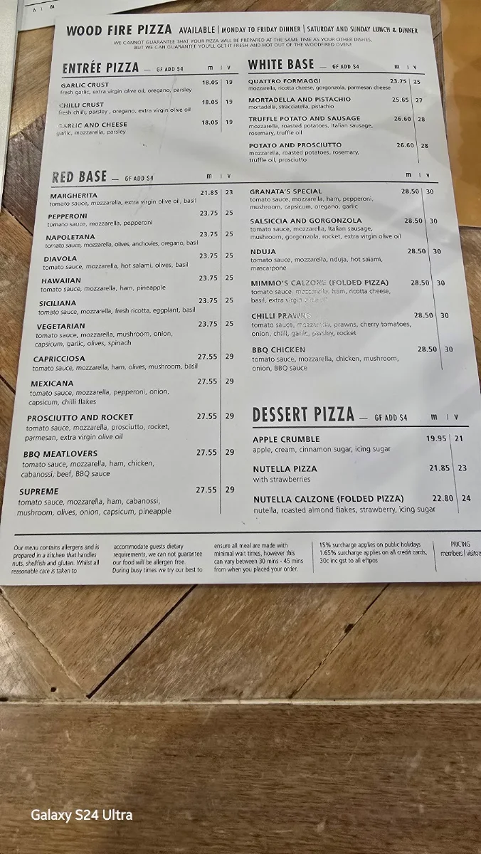 Menu, GRANATA'S Canada Bay Club