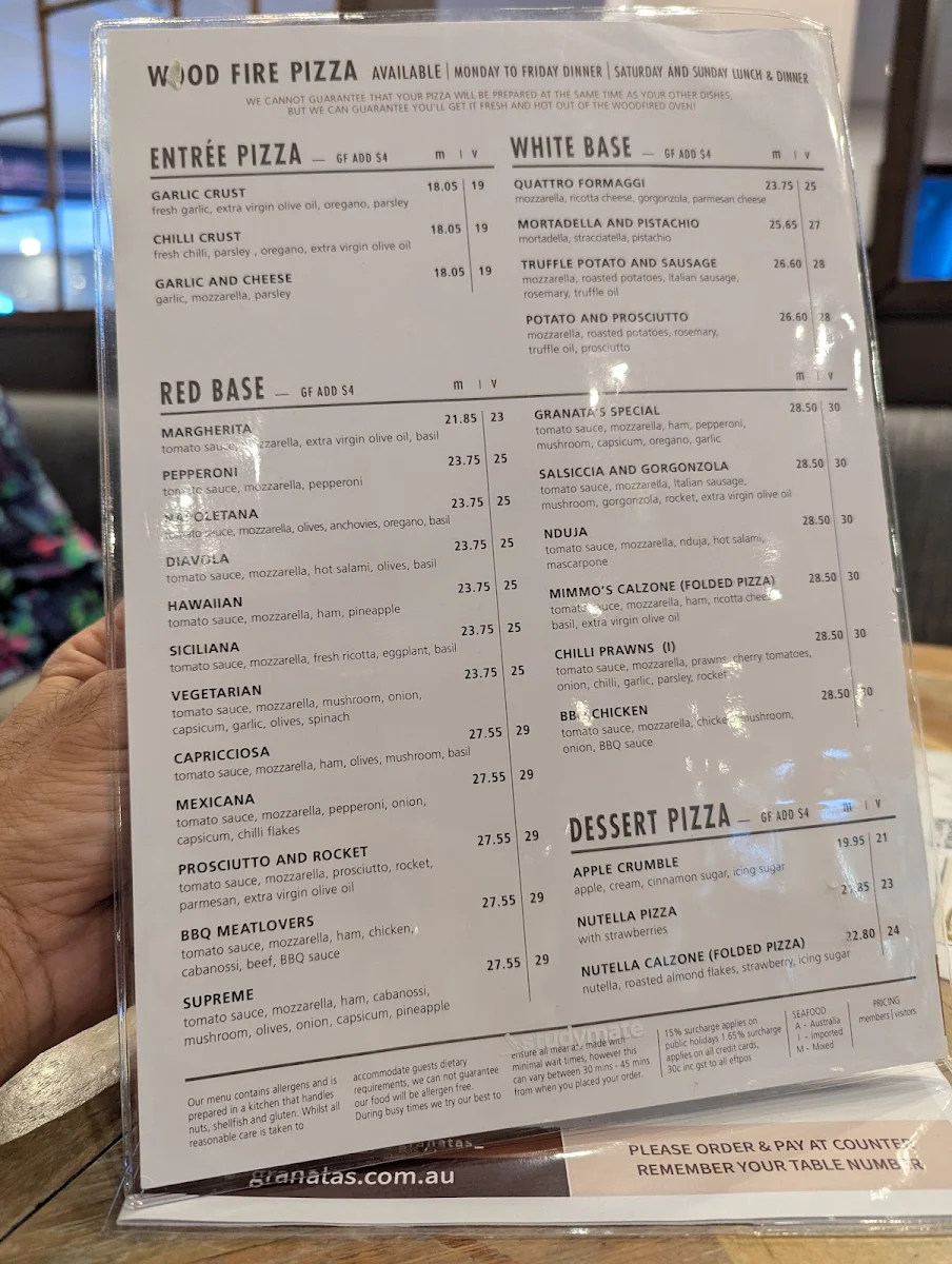 Menu, GRANATA'S Canada Bay Club