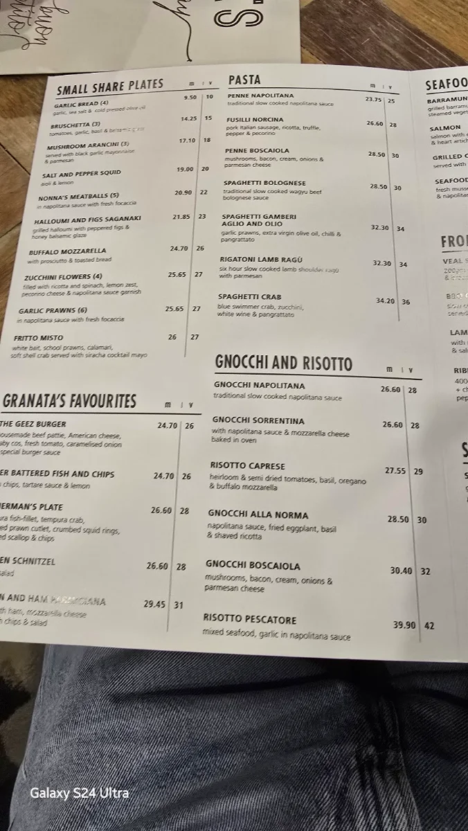Menu, GRANATA'S Canada Bay Club