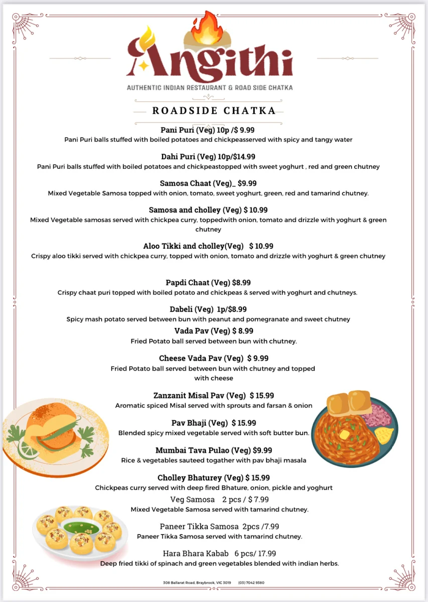Menu, Angithi Authentic Indian Restaurant