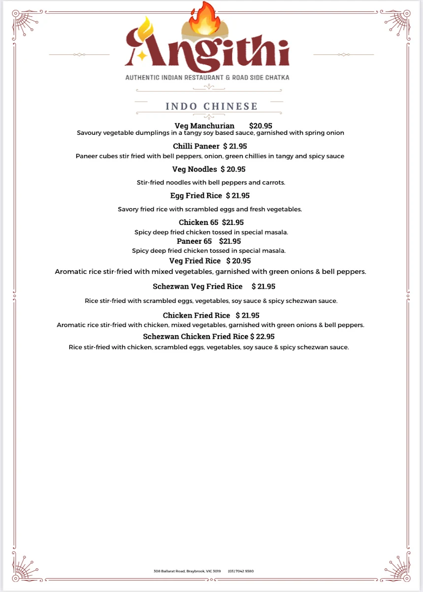 Menu, Angithi Authentic Indian Restaurant