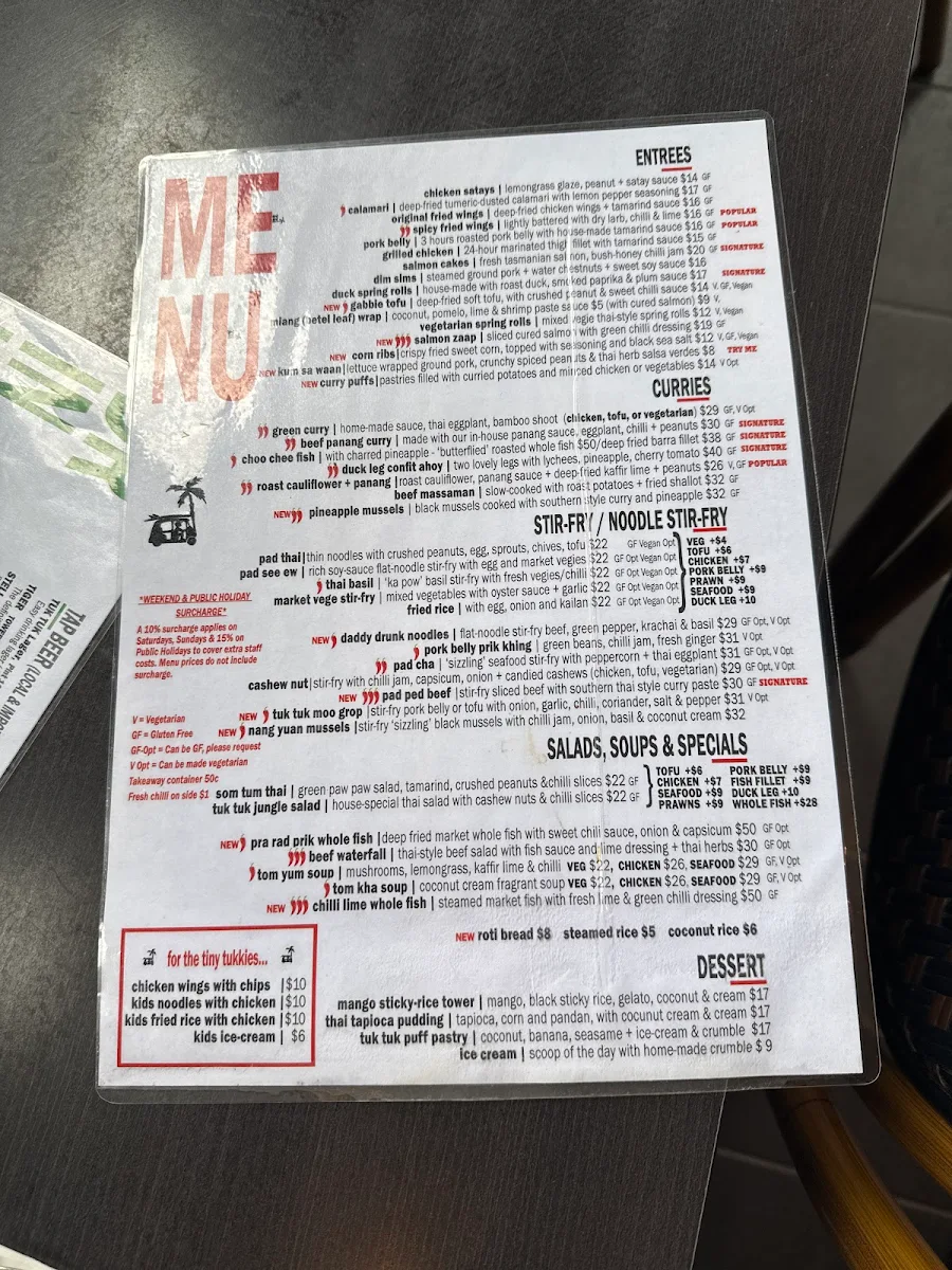 Menu, Tuk Tuk Restaurant & Bar