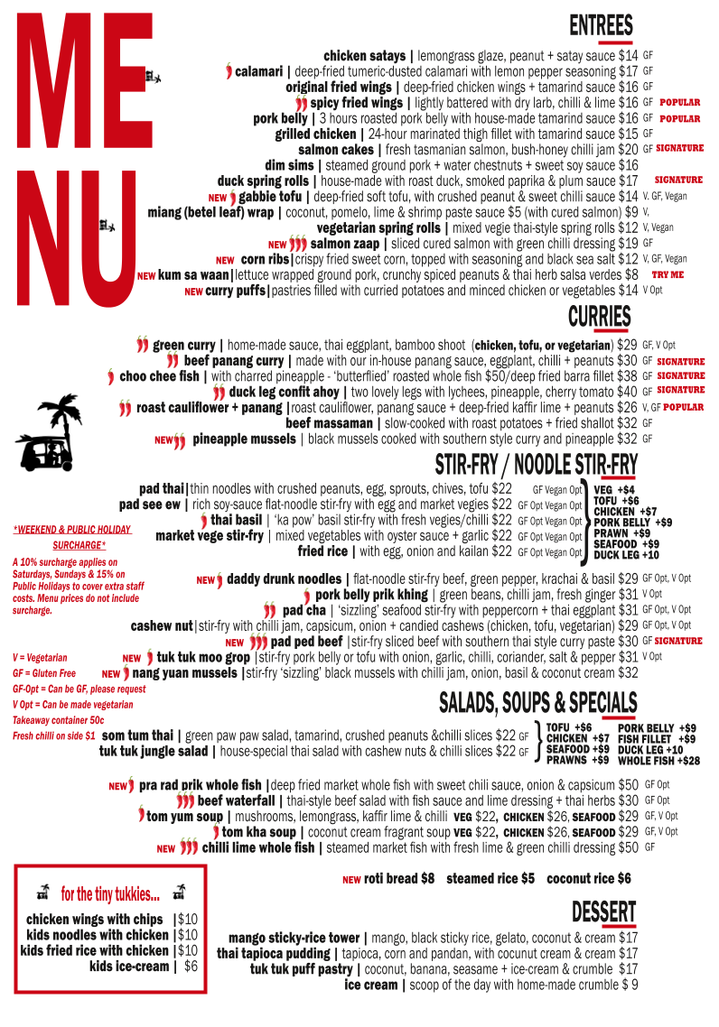 Menu, Tuk Tuk Restaurant & Bar