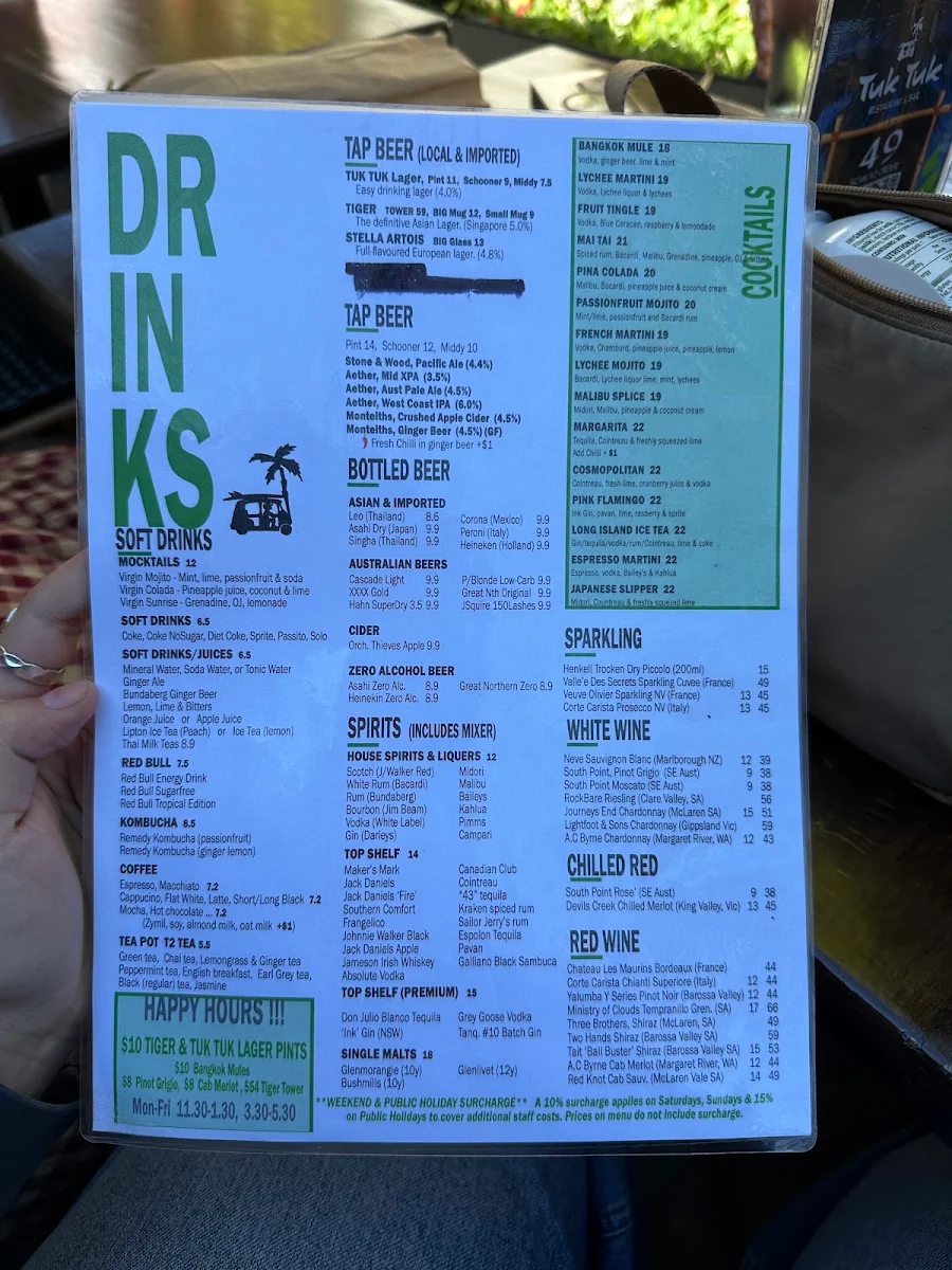 Menu, Tuk Tuk Restaurant & Bar