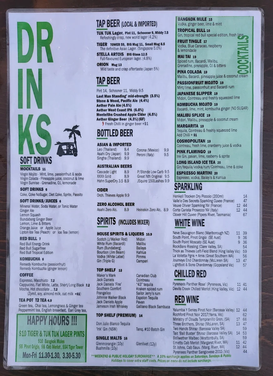 Menu, Tuk Tuk Restaurant & Bar
