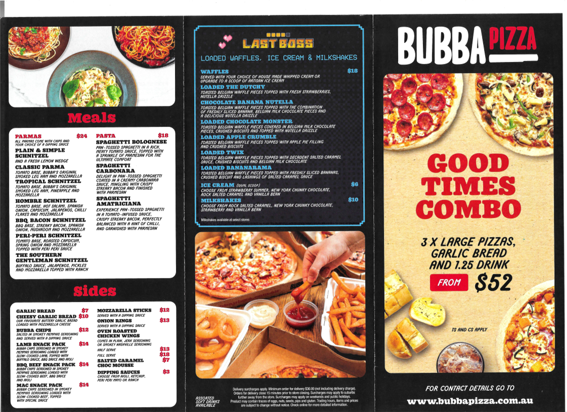 Menu, Bubba Pizza