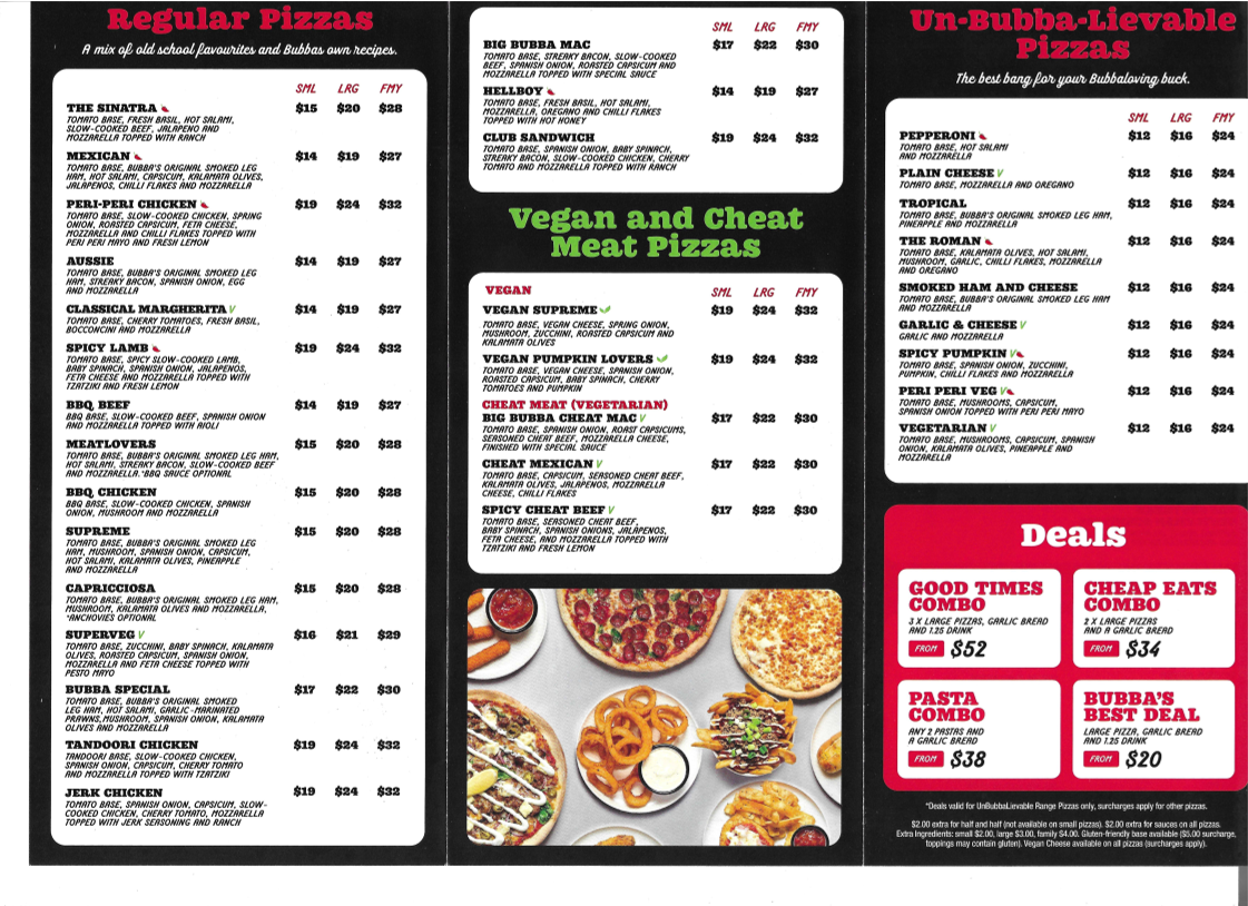 Menu, Bubba Pizza