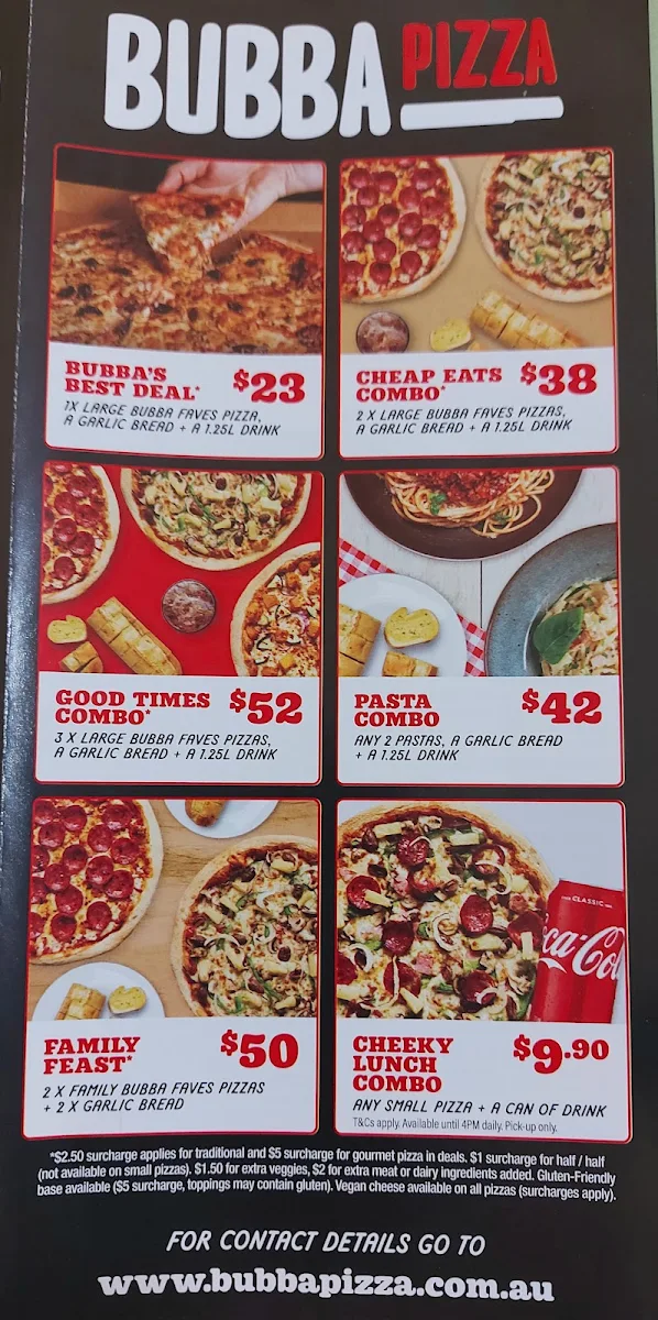 Menu, Bubba Pizza